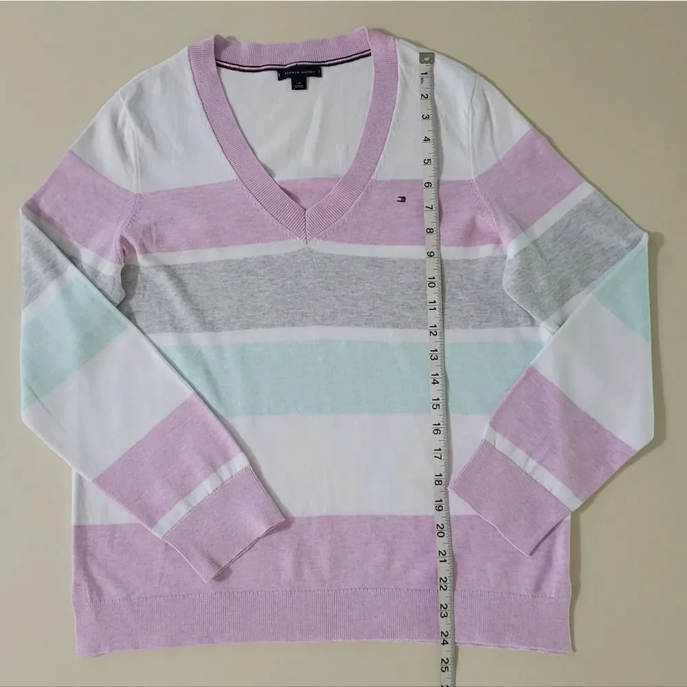 Tommy Hilfiger Pastel Pink Stripe Long Sleeve V-Neck Women's Sweater